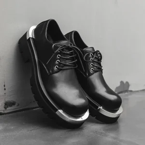 Men Genuine Leather Derby Shoes Low Top Martin Boots Chunky Platform Height Increasing Casual Work Shoes Black Dress Shoes