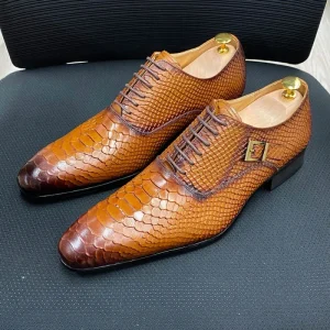 Men Genuine Leather Shoes Snakeskin Prints Dress Shoes Classic Burgundy Blue Pointed Toe Lace up Oxford Shoes Male