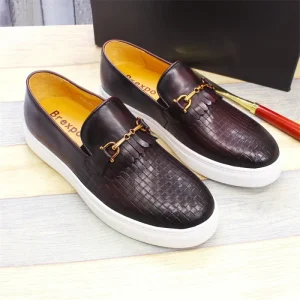 Men Leather Casual Round Toe Single Shoes Flat Heel Woven Pattern Handmade Men’s Shoes Fashionable Loafers for Men