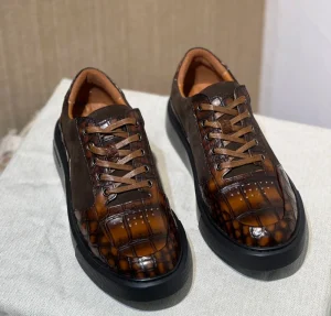 Men’s 100% Crocodile Leather & Suede Calfskin Retro Casual Shoes Brown Lace Up Fashion Footwear