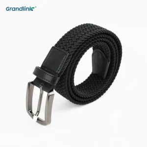 Men’s Adjustable Braided Stretch Leather Golf Belt with Custom Color Logo Pattern Black End Tip Elastic Webbing