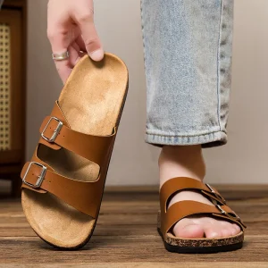 Men’s Adult Summer Fashionable Cork Sandals with Matte Leather Artificial Leather Sandals Suitable for the Beach