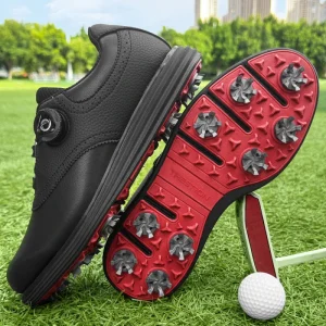 Men’s All Black Golf Shoes Dial Closure Spiked Waterproof Leather Non Slip Golf Sneakers