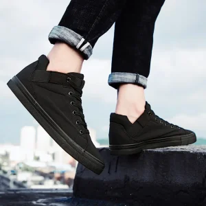 Men’s All Black Round Toe Canvas Sneakers Breathable Beef Tendon Outsole Summer Workwear Skate Trendy Shoes