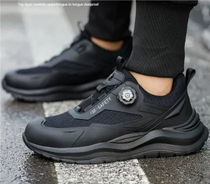 Men’s All-Season Work Sneakers for Kevlar Midsole Lazy Button Design Steel Toe Slip-On Safety Shoes Sports Style for Factory Use