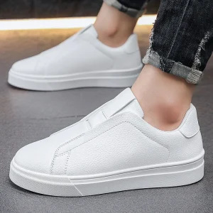 Men’s All White Slip-On Shoes Clean Stitch Detail Thick Sole Minimalist Stylish Comfortable Daily Footwear