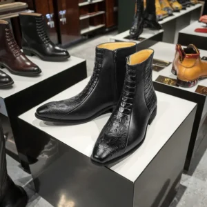 Men’s Ankle Boots Crocodile Engraved Genuine Leather Anti-Slippery Pointed Comfort Business Show Party Wears