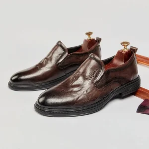Men’s Autumn British Retro Business Dress Loafers Slip On Breathable Genuine Leather Shoes Soft Oxford Outsole Non Slip Wedding