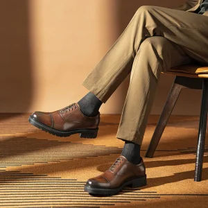 Men’s Autumn Business Formal Leather Shoes Thick-Soled Three-Joint Oxford Design Increased Flat Cowhide Lace-Up Office