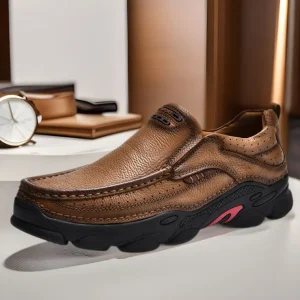Men’s Autumn Casual Leather Shoes Business Slip-On Soft Rubber Outsole Mesh Lining Middle-aged Dad Shoes One Foot Work