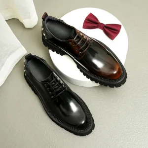 Men’s Autumn High Top British Casual Wedding Shoes Genuine Leather Glossy Finish Thick Sole Lace-up Height Increasing Formal