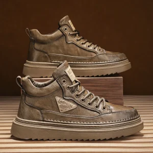 Men’s Autumn Mid-Calf Retro Lace-up Fashion Casual Boots PU Thick-Sole Heightening Shoes