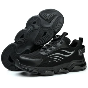 Men’s Black Breathable Anti-Smashing Steel Toe Safety Shoes Quick Lacing Non-Slip Security Guard Shoes