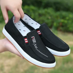 Men’s Black Casual Canvas Shoes Non-Slip Easy Wear Breathable Drive Outdoor Walking Style Lightweight Rubber Insole Cushioning