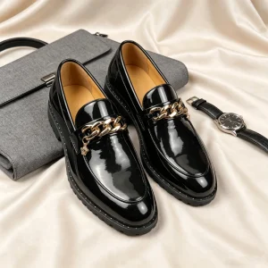 Men’s Black Chunky Patent Loafers Business Chain-Detail Leather Shoes Men’s Slip-On Comfort Soft Sole High-End Business Footwear