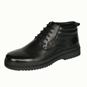 Men’s Black Cowhide Lace Up Boots Soft Genuine Leather Ankle Height High Top Chelsea Style Waterproof Molded Flat Sole Western