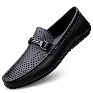 Men’s Black Fashion Trend Breathable Genuine Leather Mesh Slip On Loafers with Rubber Outsole for Spring Summer Autumn