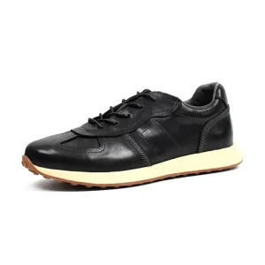 Men’s Black Genuine Leather Retro Sport Casual Sneakers Vintage Athletic Casual Footwear For Daily Weekend