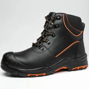 Men’s Black High Top Safety Boots Steel Toe Cap Anti Smash Anti Puncture Slip Resistant Work Shoes with Orange Accents