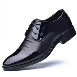 Men’s Black Leather Dress Shoes 7CM Height Increasing with Lace-Up Closure Flat Formal Elevator Wedding Shoes for Spring Autumn