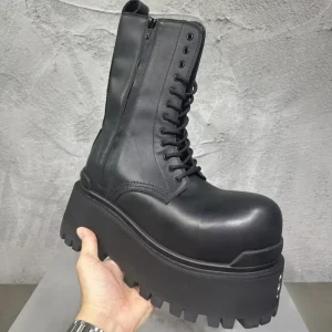 Men’s Black Leather Gothic Style Boots Platform Design Chunky Sole Side Zipper Lace-up Waterproof Durable Anti-Slippery Fashion