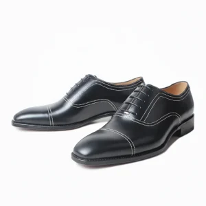 Men’s Black Oxford Shoes Handmade Contrast Stitching Genuine Leather Cap-Toe Dress Shoes for Executive Business Formal