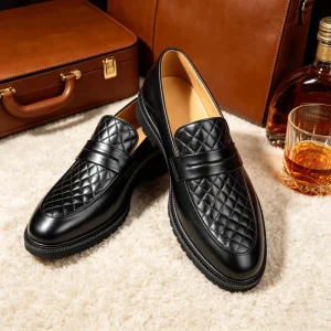 Men’s Black Quilted Penny Loafers Thick Non slip Formal Leather Dress Shoes Men’s Penny Slip On High End Business Footwear