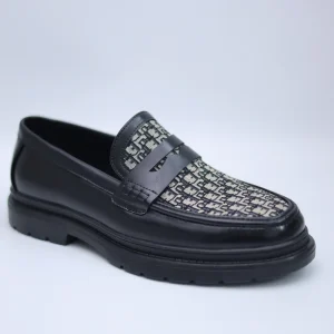 Men’s Black White Jacquard Woven Loafers Thick Sole Office Formal Business Casual PU Shoes