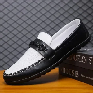 Men’s Black White Two Tone Slip on Loafers Embossed Leather Metal Buckle Soft Anti slip Sole Business Casual Driving Shoes