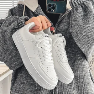 Men’s Breathable Lace-up Microfiber Sports Casual Net Shoes Solid Color White Teenagers