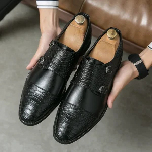 Men’s British Crocodile Patterned Metal Buckle One Foot Loafers Anti slip Breathable Waterproof Office Wedding Dress Shoes