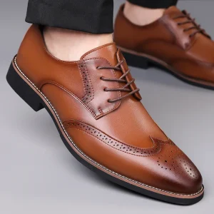 Men’s British Genuine Leather Business Formal Shoes Carved Brogue Lace Up Derby Pointed Toe Solid Large Size