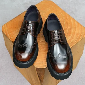 Men’s British Genuine Leather High Top Lace-Up Derby Shoes Carved Brogue Thick Sole Business Casual Glossy Leather