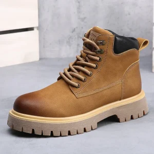 Men’s British Middle Cylinder Boots Winter Genuine Leather Thick Upper Rubber Outsole Non Slip Warm Front Tether