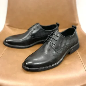Men’s British Style Casual Thin Derby Summer Genuine Leather Dress Shoes Pointed Toe Lace up Breathable Height increasing Design