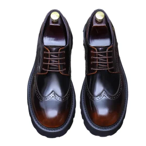 Men’s British Style Derby Shoes Height Increasing Patent Leather Shiny Cowhide Carved Genuine Leather Brogue Lightweight Chunky