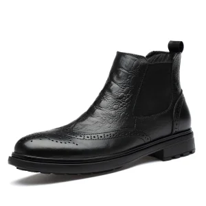 Men’s Brogue Boots Uniform Dress Derby Oxford Chelsea Boots High-Mid Top Lace up Genuine Cow Leather Thickened Fleece Cotton