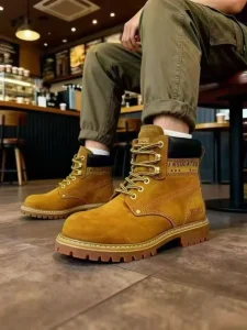Men’s Brown Ankle Height Work Boots Winter Outdoor Safety Comfort Construction Shoes Genuine Leather Lace Up Autumn