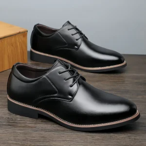 Men’s Brown Artificial Leather Pointed Derby Shoes Business Casual Lace Formal Dress Shoes Autumn Waterproof Non Slip Thick Sole