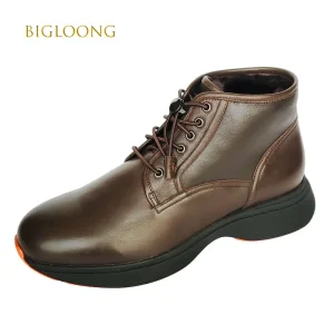 Men’s Brown Fur-Lined Leather Derby Sneakers Lace-Up Sporty Loafers Merino Sheepskin Waterproof Comfortable Autumn Evergreen