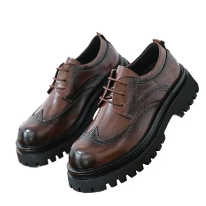 Men’s Brown Leather Shoes Oxford Outsole Solid Pattern Slip-On Platform Elevation Casual English Style for Spring Wedding Groom