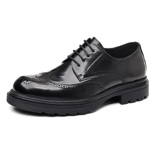 Men’s Business Brogue Leather Shoes Genuine Top Layer Cowhide Solid Pattern Lace-Up British Thick Comfortable Soft