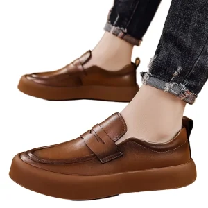 Men’s Business Casual Genuine Leather Slip-On Shoes Autumn New Style Solid Color Mesh Lining Youth Work Suitable British Trend
