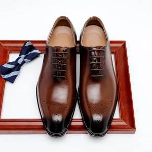 Men’s Business Casual Lace up Height increasing Genuine Leather Shoes British Style Square Toe Oxford