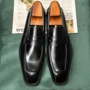 Men’s Business Casual Penny Loafers Handmade Cowhide Square-Toe Leather Slip-On Shoes Breathable Autumn