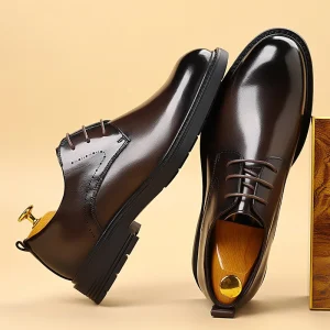 Men’s Business Dress Leather Shoes Round Toe Classic slip Wear-resistant Top Layer Genuine Leather Shoes Thick Sole Derby Shoes