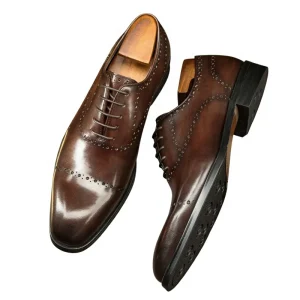 Men’s Business Formal Lace-Up Solid Breathable British Style Brogue Oxford Shoes with Rubber Outsole and Pigskin Lining