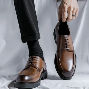 Men’s Business Formal Wedding Groom’s Shoes Wide Toed British Casual Work Suit Soft Comfortable Height Increasing Leather Shoes
