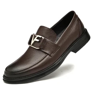 Men’s Business Genuine Leather Shoes Metal Buckle Solid Breathable Soft Sole Loafers