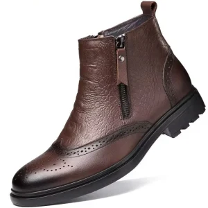 Men’s Business Leather Boots Formal Brogue Mid Calf Zippered Casual Winter Boots